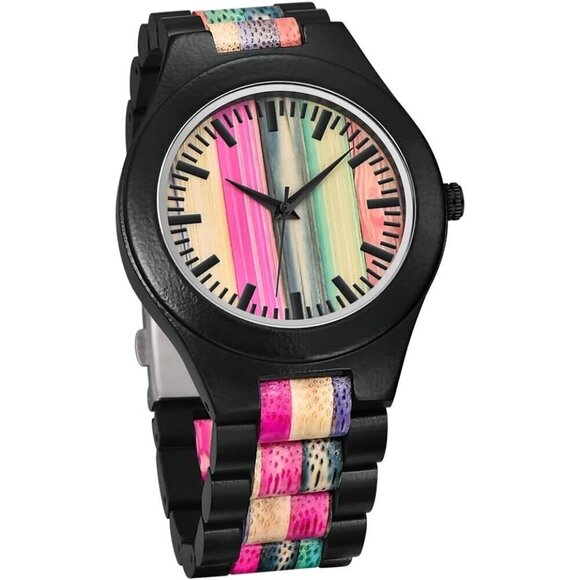 ✨ Dentily Analog Quartz Men Black Wooden Handmade Colorful Bamboo Engraved Watch - Picture 1 of 7